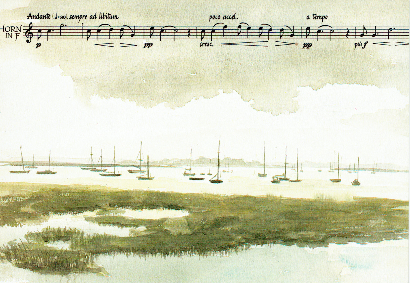 Picture postcard of an estuary scene with moored boats. There is horn music along the top of the card.