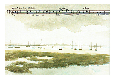 Picture postcard of an estuary scene with moored boats. There is horn music along the top of the card.