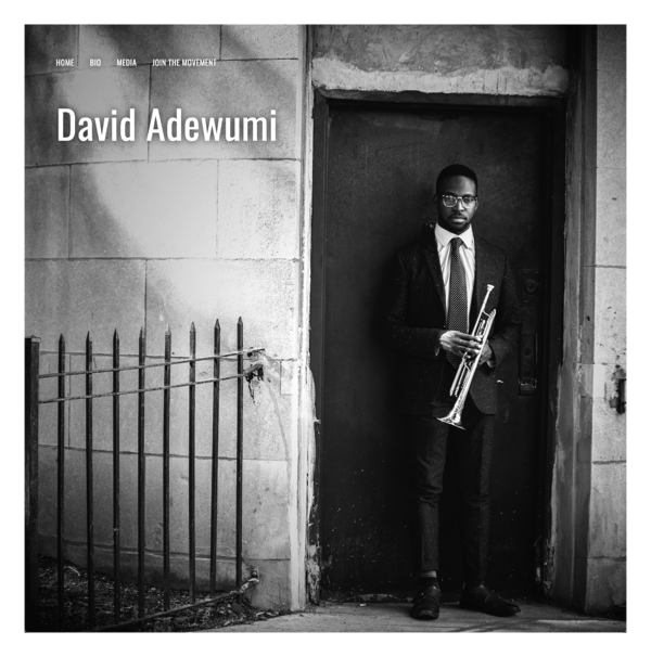 Website picture of a young man, David Adewumi, with trumpet outside a stone building. The link goes to a performance video.